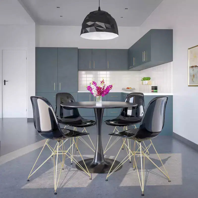 LeisureMod 5-Piece Dining Set with 35 Round Iron Pedestal Dining Table and 4 ABS Plastic Side Chairs with Gold Base
