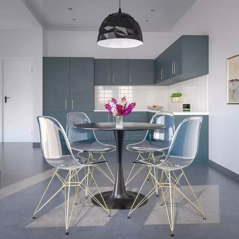 LeisureMod 5-Piece Dining Set with 35 Round Iron Pedestal Dining Table and 4 ABS Plastic Side Chairs with Gold Base