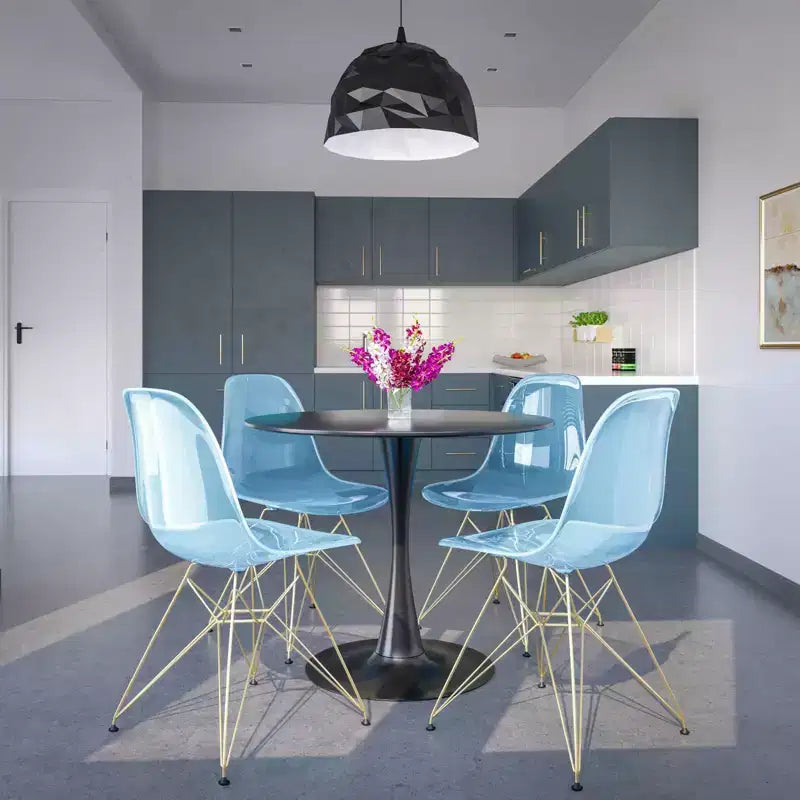 LeisureMod 5-Piece Dining Set with 35 Round Iron Pedestal Dining Table and 4 ABS Plastic Side Chairs with Gold Base