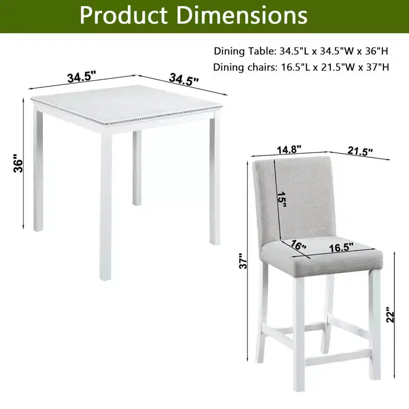 5-Piece Counter Height Dining Set: Square Wood Table, 4 Upholstered Chairs with Crystal Decor, Ideal for Kitchen
