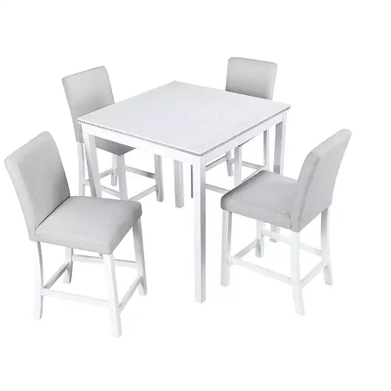 5-Piece Counter Height Dining Set: Square Wood Table, 4 Upholstered Chairs with Crystal Decor, Ideal for Kitchen