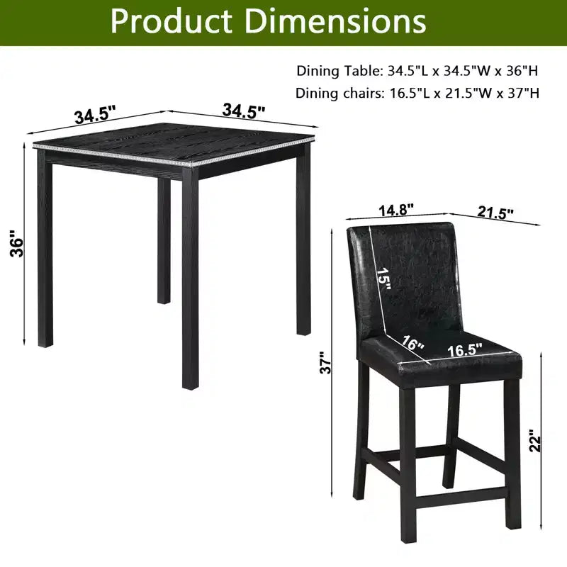 5-Piece Counter Height Dining Set: Square Wood Table, 4 Upholstered Chairs with Crystal Decor, Ideal for Kitchen