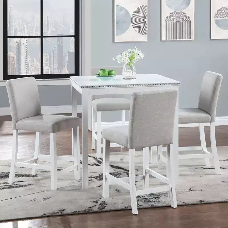 5-Piece Counter Height Dining Set: Square Wood Table, 4 Upholstered Chairs with Crystal Decor, Ideal for Kitchen