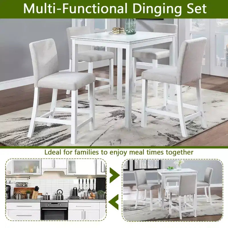 5-Piece Counter Height Dining Set: Square Wood Table, 4 Upholstered Chairs with Crystal Decor, Ideal for Kitchen