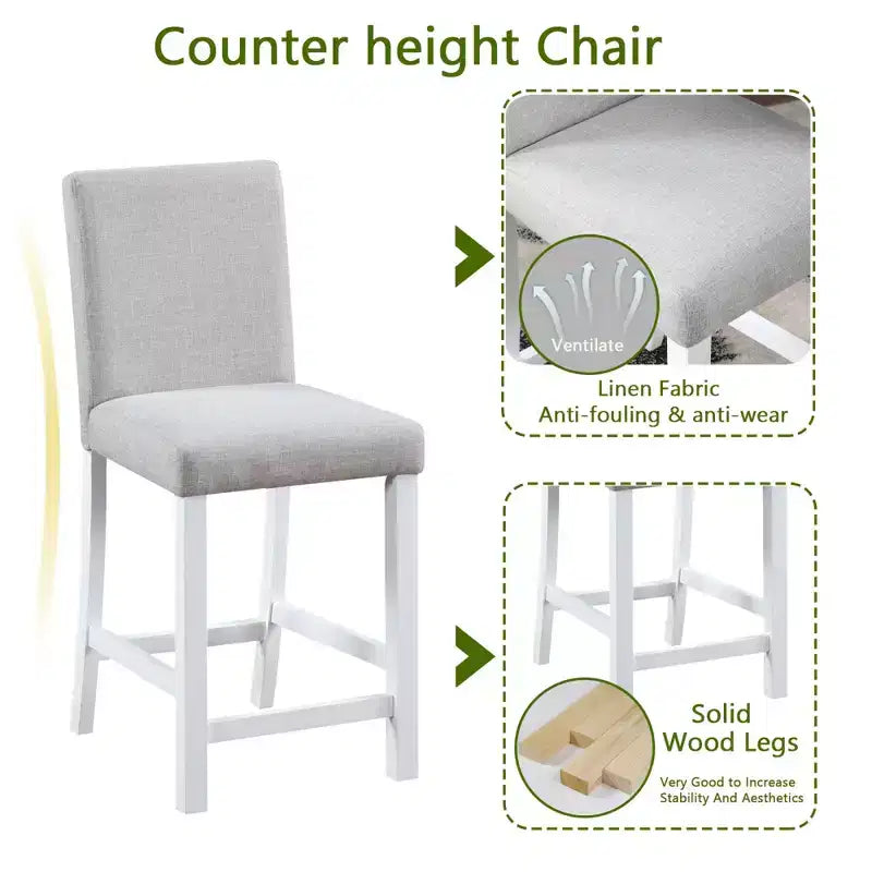 5-Piece Counter Height Dining Set: Square Wood Table, 4 Upholstered Chairs with Crystal Decor, Ideal for Kitchen