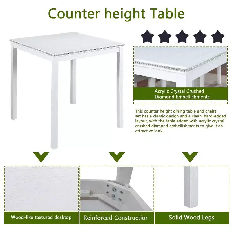 5-Piece Counter Height Dining Set: Square Wood Table, 4 Upholstered Chairs with Crystal Decor, Ideal for Kitchen
