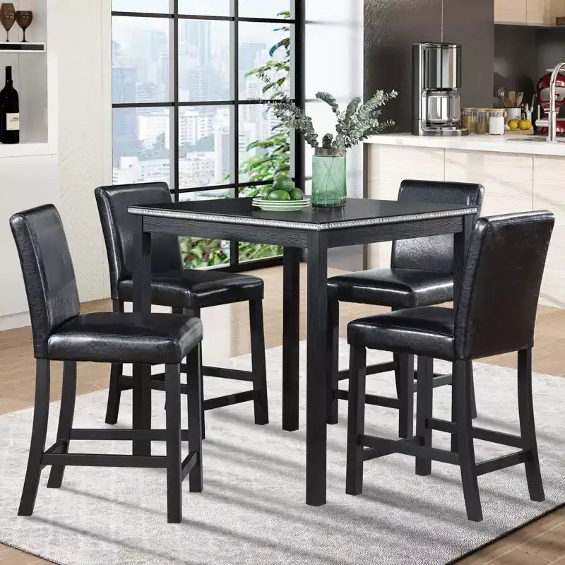 5-Piece Counter Height Dining Set: Square Wood Table, 4 Upholstered Chairs with Crystal Decor, Ideal for Kitchen