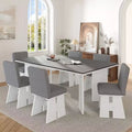 7 Piece Dining Table Set Dining Set with 6 Upholstered Dining Chairs, Retro and Rustic, Natural/Gray+White-ModernLuxe