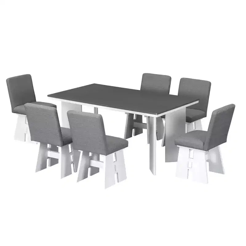 7 Piece Dining Table Set Dining Set with 6 Upholstered Dining Chairs, Retro and Rustic, Natural/Gray+White-ModernLuxe