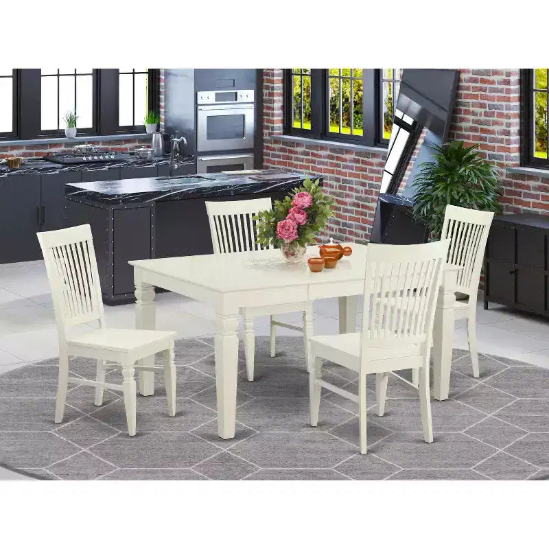 HomeStock 7 Piece Linen White Kitchen Table and Chair Set Rectangle Dining Room Table