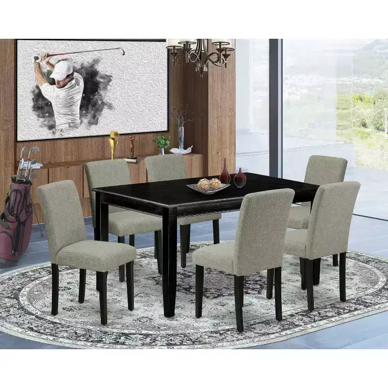 HomeStock 7 Piece Dining Room Table Set Black Rectangle Table Shitake Linen Chairs