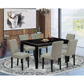 HomeStock 7 Piece Dining Room Table Set Black Rectangle Table Shitake Linen Chairs