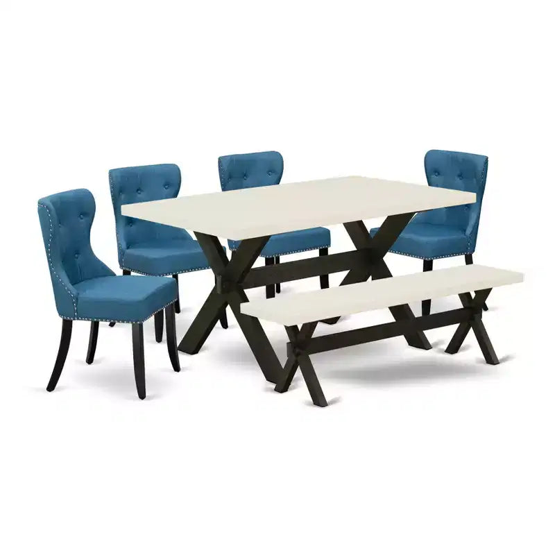 HomeStock 6 Piece Kitchen Table Set Blue Linen Chairs