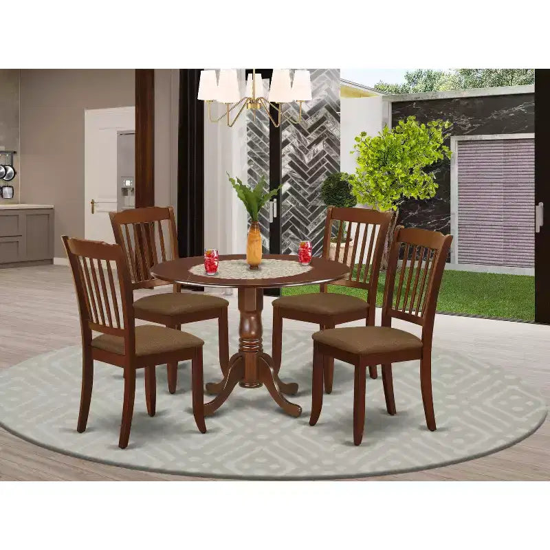 HomeStock 5 Piece Kitchen Table Set Mahogany Round Dining Table with Linen Fabric Chairs