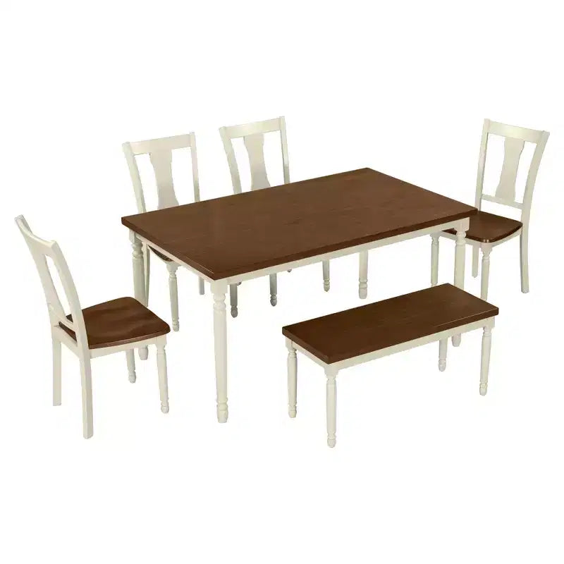 6-Piece Dining Table Set Dining Set with 4 Chairs with Bench, Classic Retro Style, Brown+Cottage White-HABITRIO