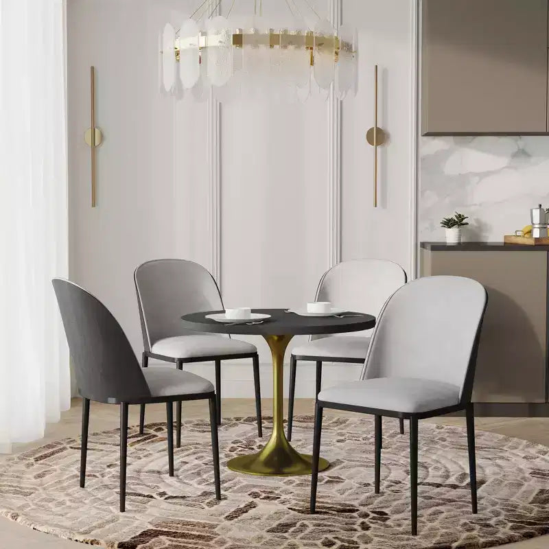 LeisureMod Verve 5-Piece Dining Set - 36 Round MDF Top Table, 4 Leather Dining Side Chairs