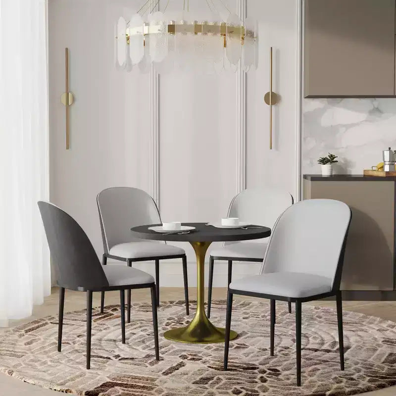 LeisureMod Verve 5-Piece Dining Set - 36 Round MDF Top Table, 4 Leather Dining Side Chairs