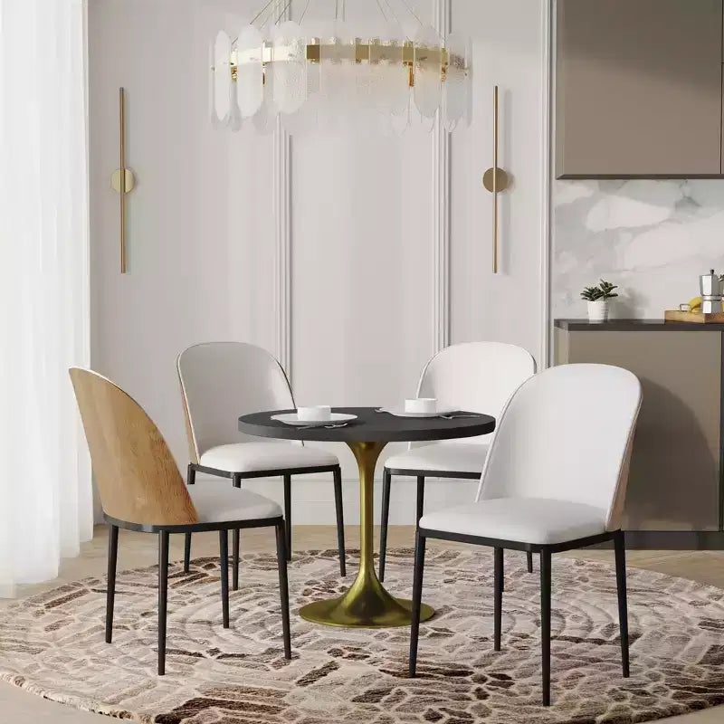 LeisureMod Verve 5-Piece Dining Set - 36 Round MDF Top Table, 4 Leather Dining Side Chairs
