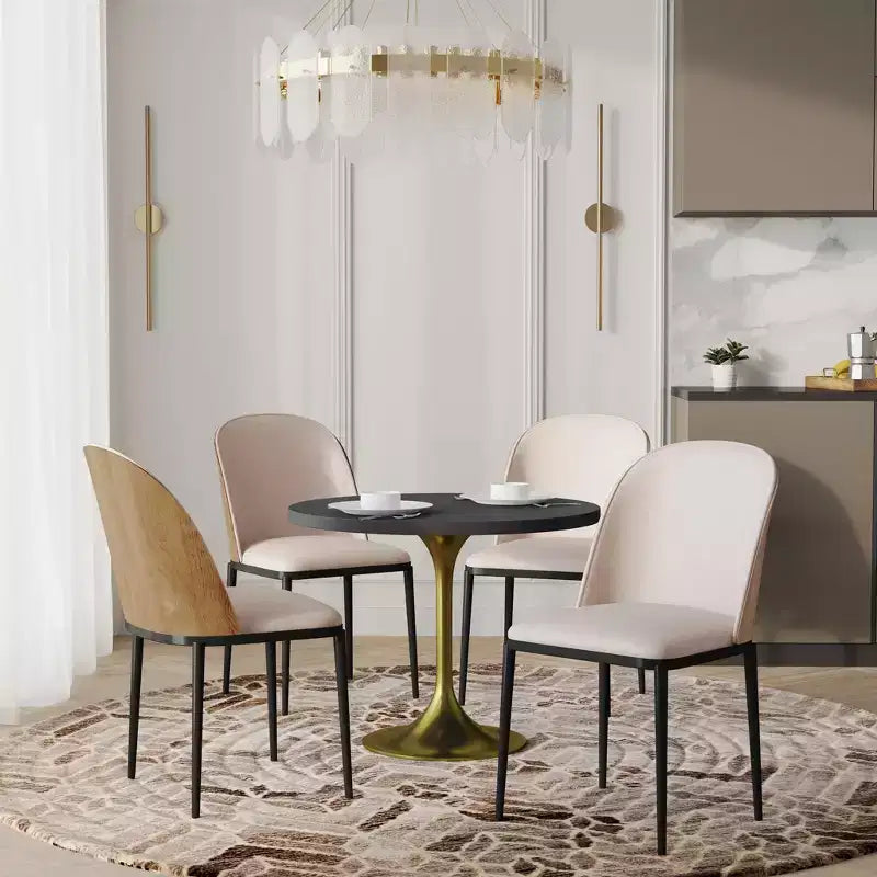 LeisureMod Verve 5-Piece Dining Set - 36 Round MDF Top Table, 4 Leather Dining Side Chairs