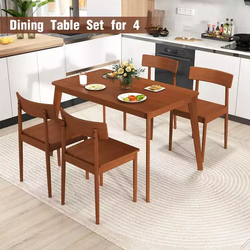 Costway 5 PCS Dining Table Set Rectangular Kitchen Table & 4 Chairs with Rubber Wood Frame