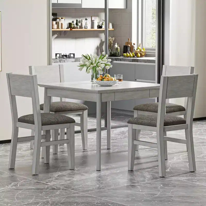 VECELO Farmhouse Style 5-Piece Dining Table Set for 4, Rubber Wood Square Table and 4 Upholstered Dining Chairs, Gray