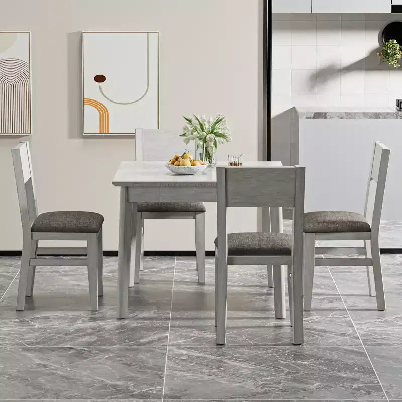 VECELO Farmhouse Style 5-Piece Dining Table Set for 4, Rubber Wood Square Table and 4 Upholstered Dining Chairs, Gray
