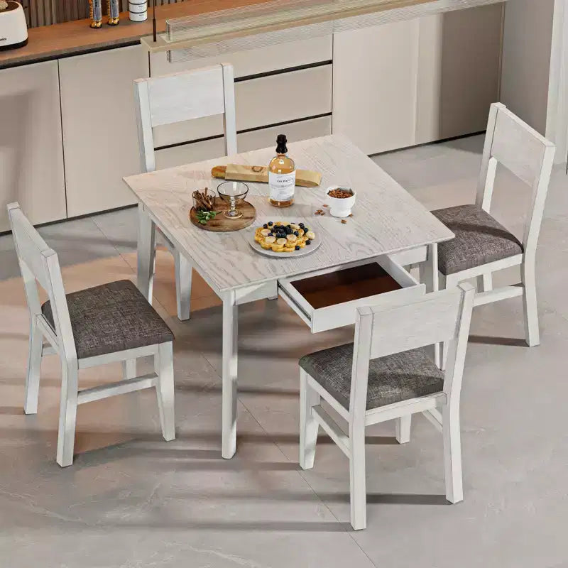 VECELO Farmhouse Style 5-Piece Dining Table Set for 4, Rubber Wood Square Table and 4 Upholstered Dining Chairs, Gray