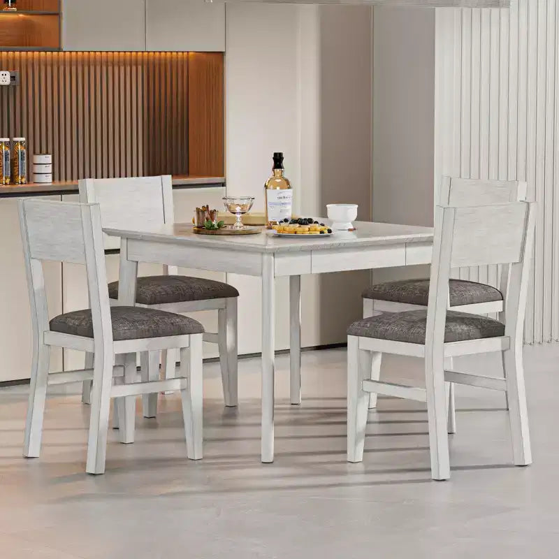 VECELO Farmhouse Style 5-Piece Dining Table Set for 4, Rubber Wood Square Table and 4 Upholstered Dining Chairs, Gray