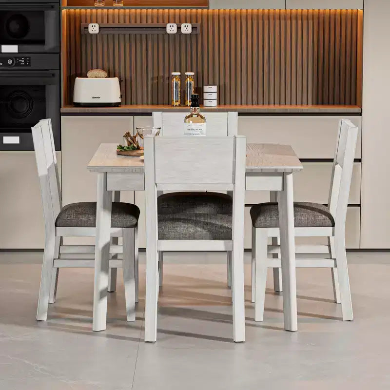 VECELO Farmhouse Style 5-Piece Dining Table Set for 4, Rubber Wood Square Table and 4 Upholstered Dining Chairs, Gray