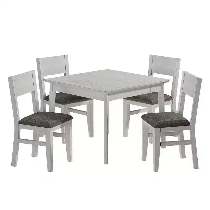 VECELO Farmhouse Style 5-Piece Dining Table Set for 4, Rubber Wood Square Table and 4 Upholstered Dining Chairs, Gray