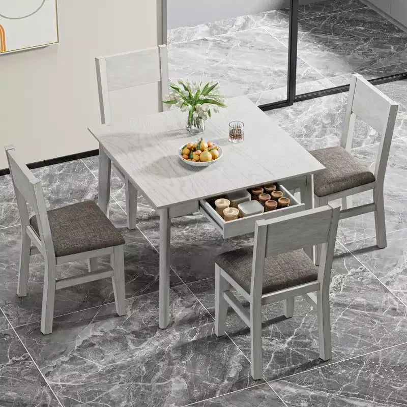 VECELO Farmhouse Style 5-Piece Dining Table Set for 4, Rubber Wood Square Table and 4 Upholstered Dining Chairs, Gray