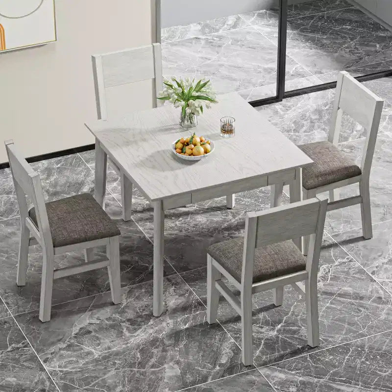 VECELO Farmhouse Style 5-Piece Dining Table Set for 4, Rubber Wood Square Table and 4 Upholstered Dining Chairs, Gray