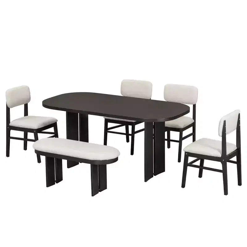 6 Piece Dining Table Set Dining Set Kitchen Table Set with Upholstered Chairs and Bench, Farmhouse Rustic Style, Natural/Espresso-ModernLuxe