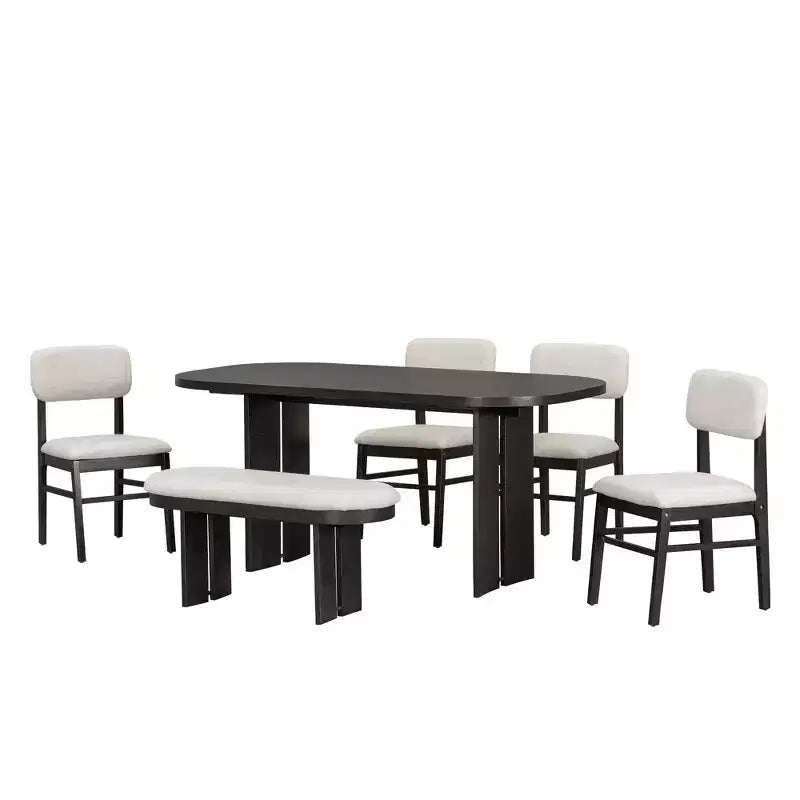 6 Piece Dining Table Set Dining Set Kitchen Table Set with Upholstered Chairs and Bench, Farmhouse Rustic Style, Natural/Espresso-ModernLuxe