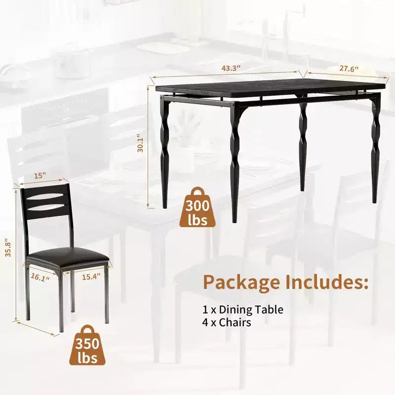 5 Piece Dining Table Set, Industrial Style Kitchen Table Set for 4, Dining Table and Chairs with Rectangular Table & 4 Chairs