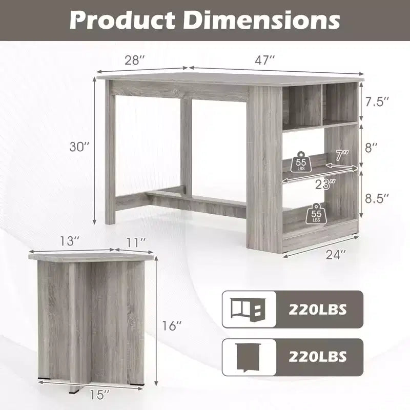 Costway 5 PCS Dining Table Set with Storage Shelf Rectangular Kitchen Table with 4 Stools Beige/Gray