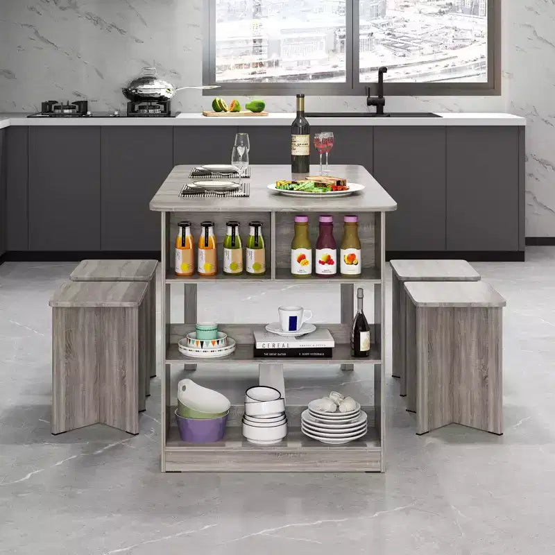 Costway 5 PCS Dining Table Set with Storage Shelf Rectangular Kitchen Table with 4 Stools Beige/Gray