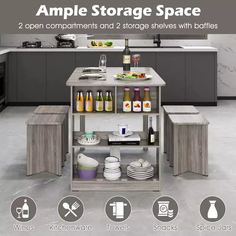 Costway 5 PCS Dining Table Set with Storage Shelf Rectangular Kitchen Table with 4 Stools Beige/Gray