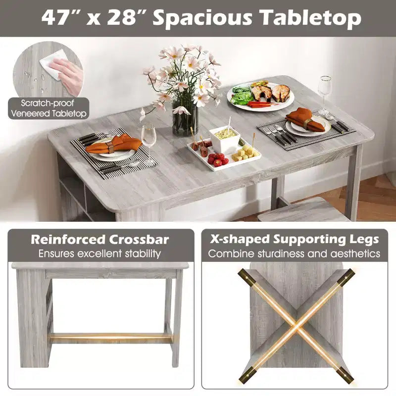 Costway 5 PCS Dining Table Set with Storage Shelf Rectangular Kitchen Table with 4 Stools Beige/Gray