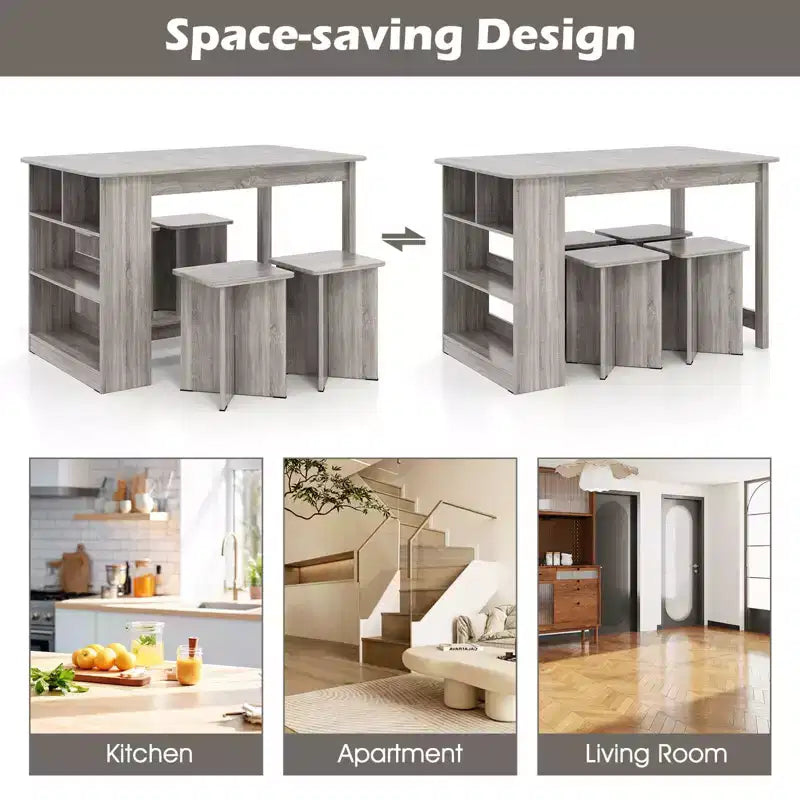 Costway 5 PCS Dining Table Set with Storage Shelf Rectangular Kitchen Table with 4 Stools Beige/Gray