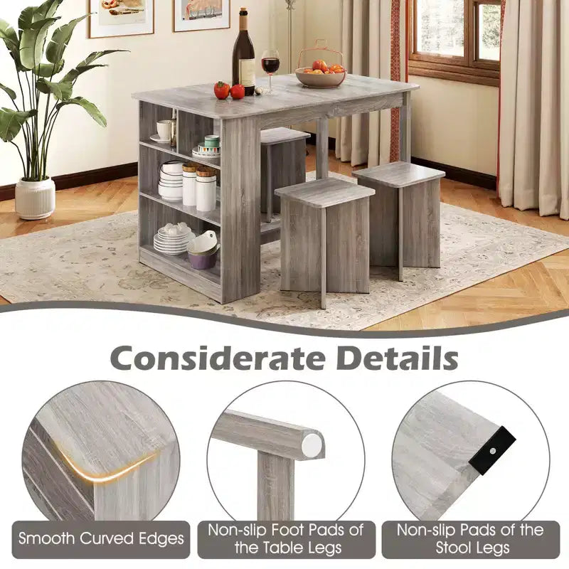 Costway 5 PCS Dining Table Set with Storage Shelf Rectangular Kitchen Table with 4 Stools Beige/Gray