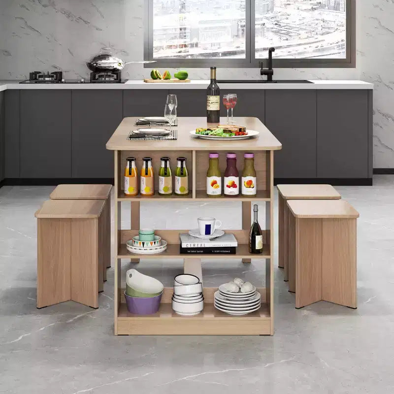 Costway 5 PCS Dining Table Set with Storage Shelf Rectangular Kitchen Table with 4 Stools Beige/Gray