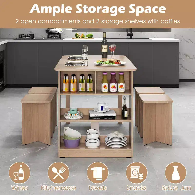 Costway 5 PCS Dining Table Set with Storage Shelf Rectangular Kitchen Table with 4 Stools Beige/Gray
