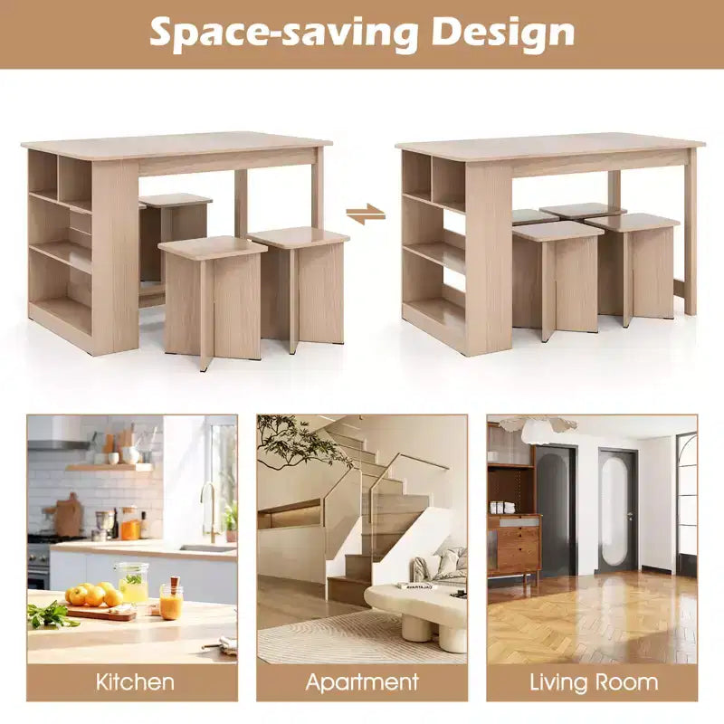 Costway 5 PCS Dining Table Set with Storage Shelf Rectangular Kitchen Table with 4 Stools Beige/Gray