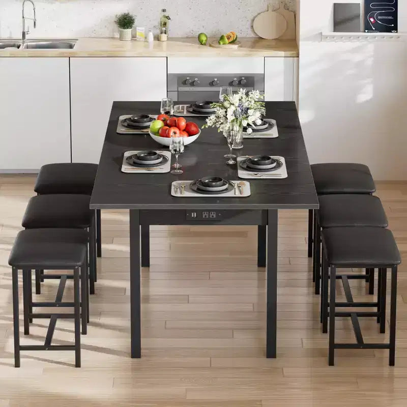 VECELO 7-Piece Dining Table Set with 6 Stools, 63 Expandable Kitchen Table with Metal Frame, Small Spaces, Black