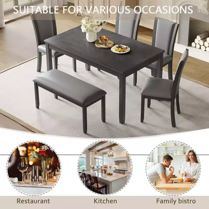 6-Piece Dining Table Set with Bench and Chairs, Wooden Dining Table Set for 6, Modern 6 Person Dining Table Set for Dining Room, Kitchen