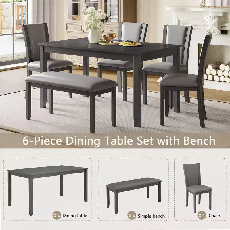 6-Piece Dining Table Set with Bench and Chairs, Wooden Dining Table Set for 6, Modern 6 Person Dining Table Set for Dining Room, Kitchen