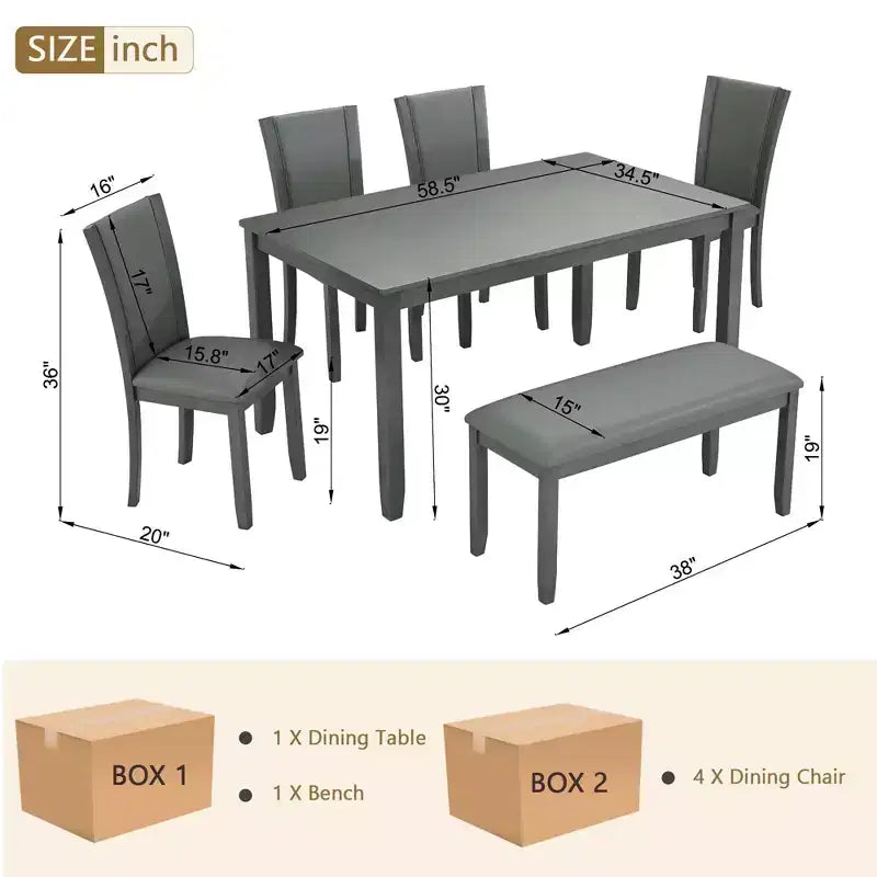 6-Piece Dining Table Set with Bench and Chairs, Wooden Dining Table Set for 6, Modern 6 Person Dining Table Set for Dining Room, Kitchen