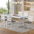 VECELO Farmhouse Style 7-Piece Dining Table Set for 6, Rubber Wood Table with 6 Upholstered Dining Chairs, Gray