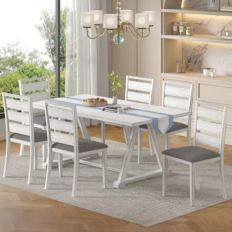 VECELO Farmhouse Style 7-Piece Dining Table Set for 6, Rubber Wood Table with 6 Upholstered Dining Chairs, Gray